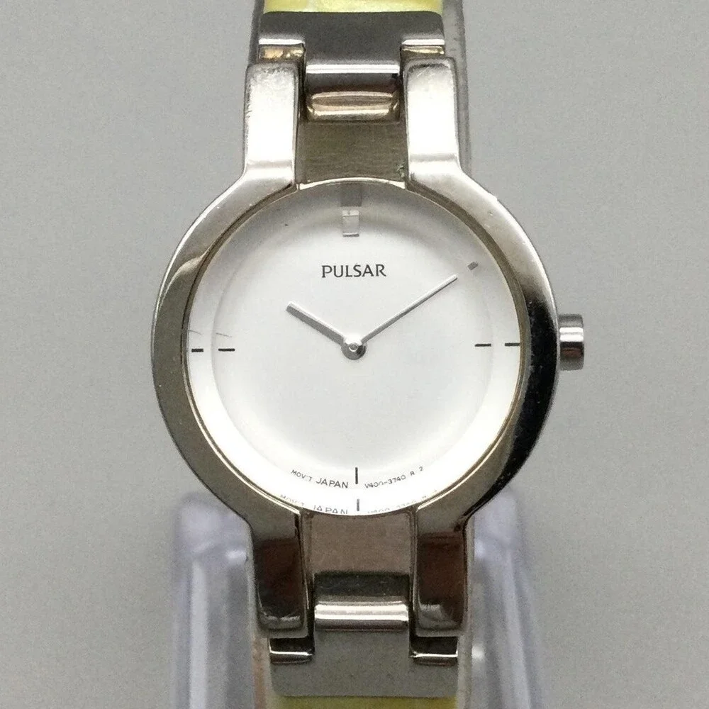 Pulsar Womens Watch 25mm Silver Tone Yellow Leather V400-1090 New Battery
